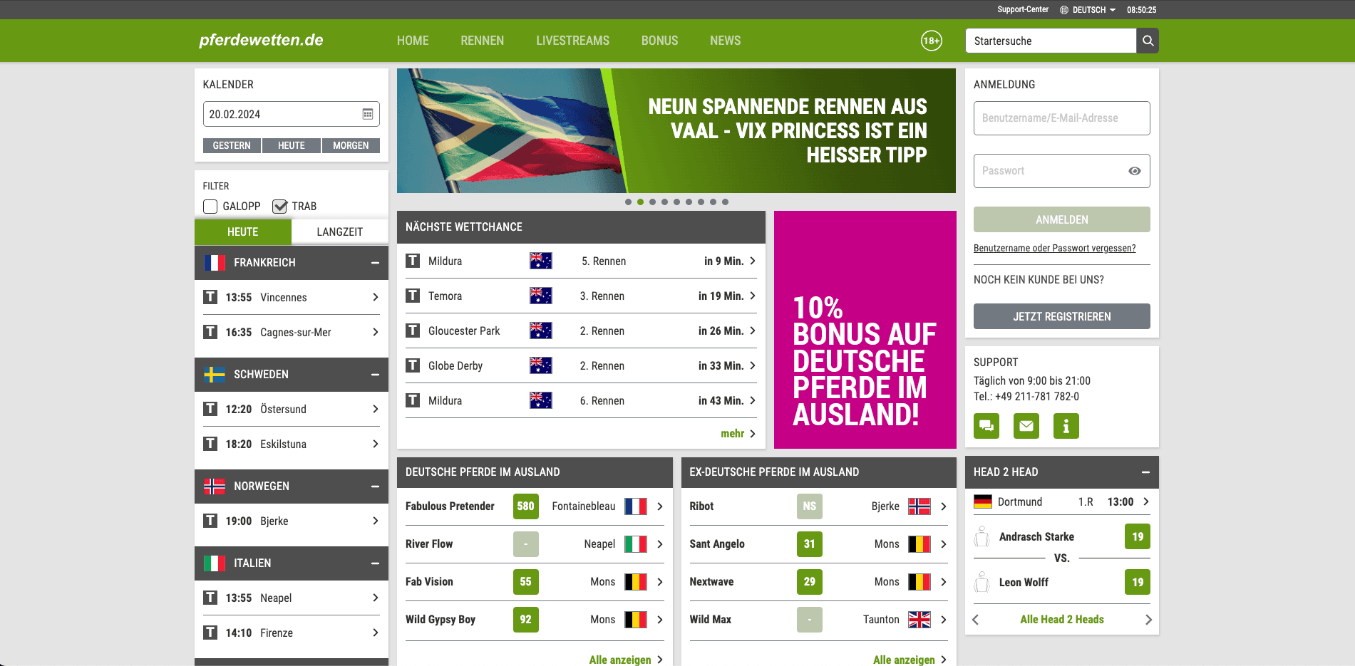 A screenshot of the pferdewetten.de portal